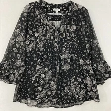 Charter Club Blouse size XL Black White Floral Chiffon Sleeve Office Preppy