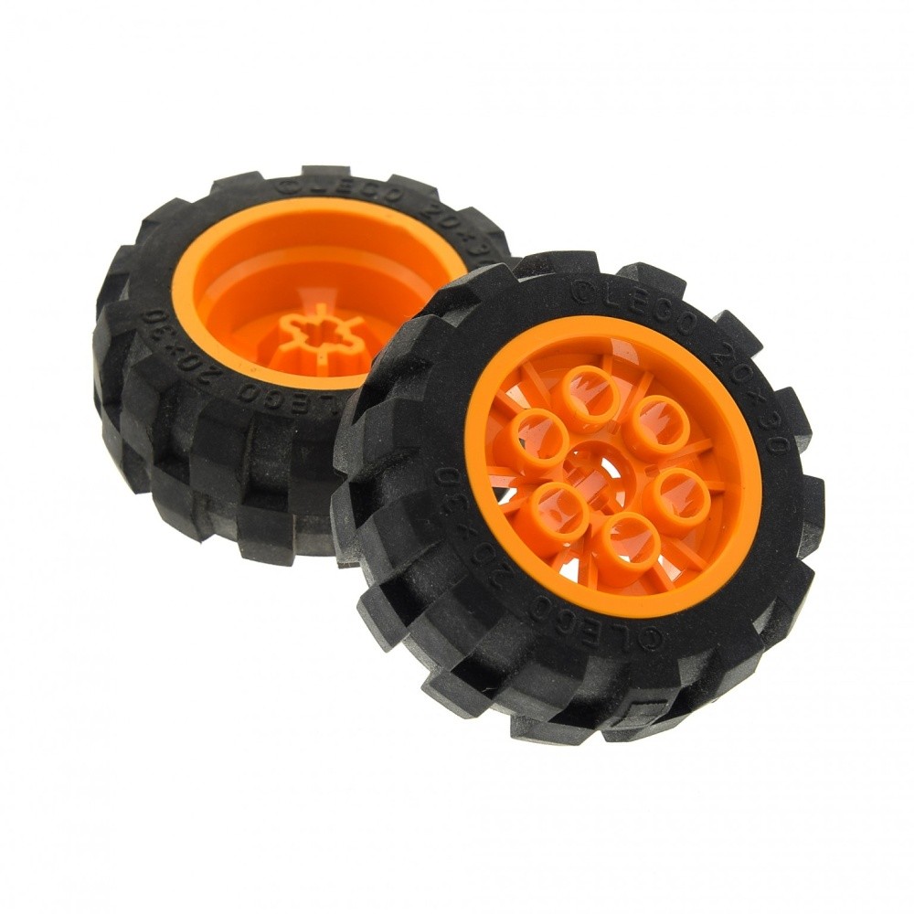 2x Lego Technic Wheel 20x30 Black Rim Bright Orange Balloon Tire 6581 6582c01