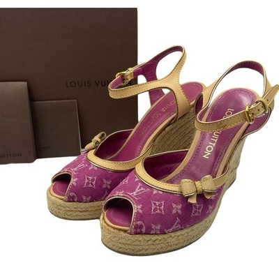 RARE Louis Vuitton Helios Wedge Sandals Pink Denim Monogram canvas EU36 US6