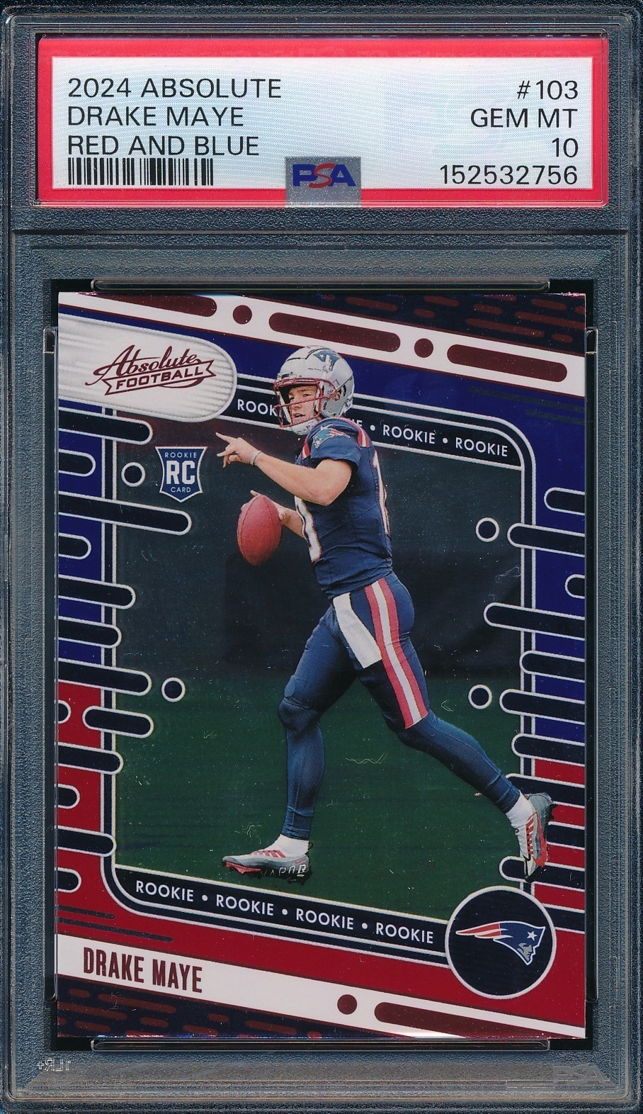 2024 Panini Absolute Red & Blue Drake Maye #103 Rookie RC Color Match PSA 10 GEM