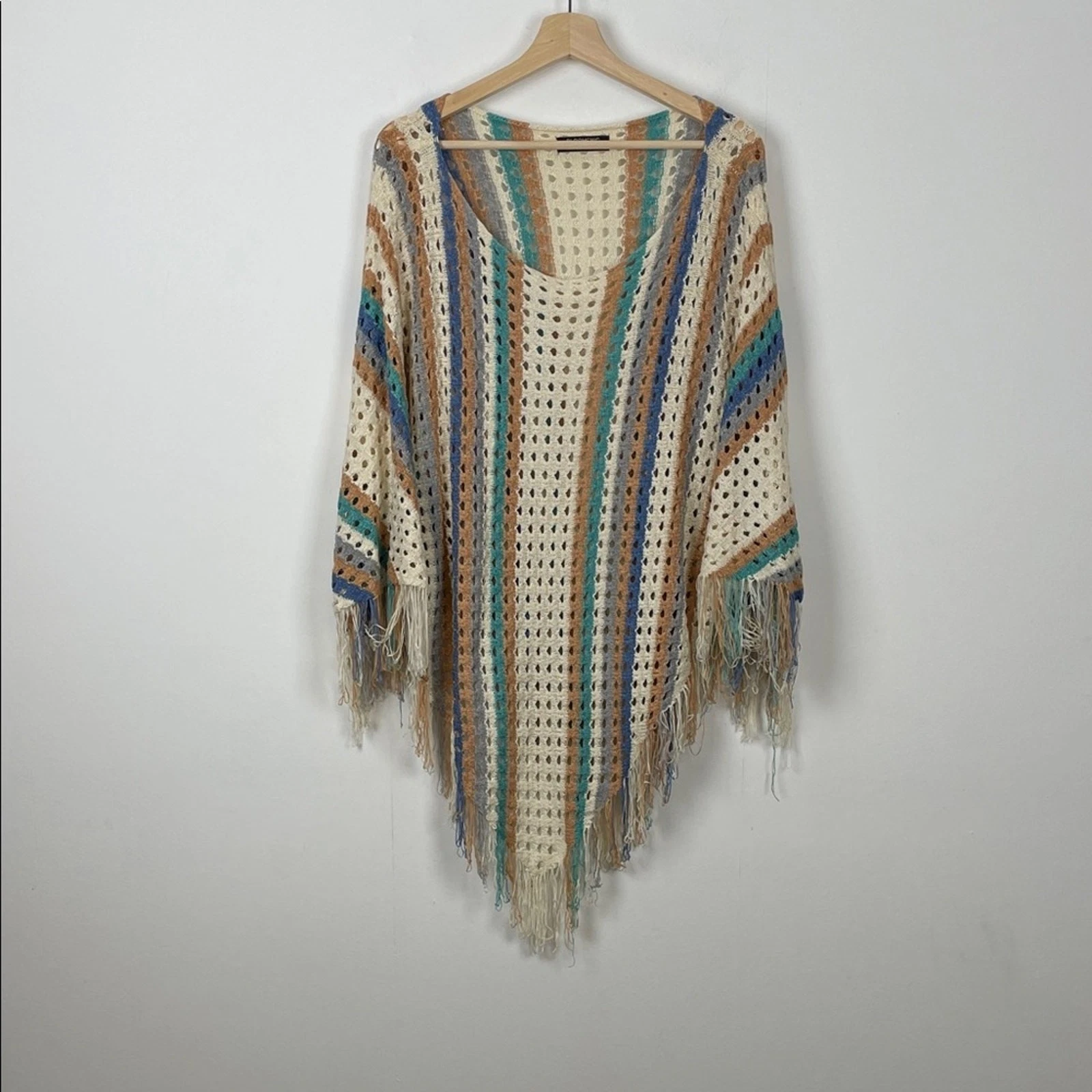 Bloomchic Crochet Knit Multicolor Striped Women's 14-16 Poncho Fringe Sweater