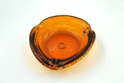 Vintage Blenko Glass Ashtray - Design #7737 - Blue Top Mountain Line in Wheat