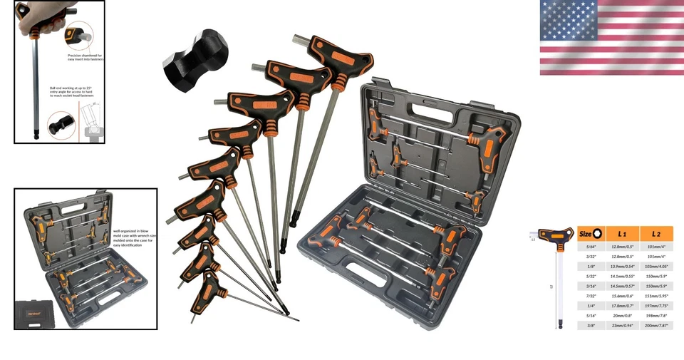 S2 Steel T-Handle Hex Key Set: 9PCS Long Arm Ball End Wrenches with Storage Box - Image 2 of 4