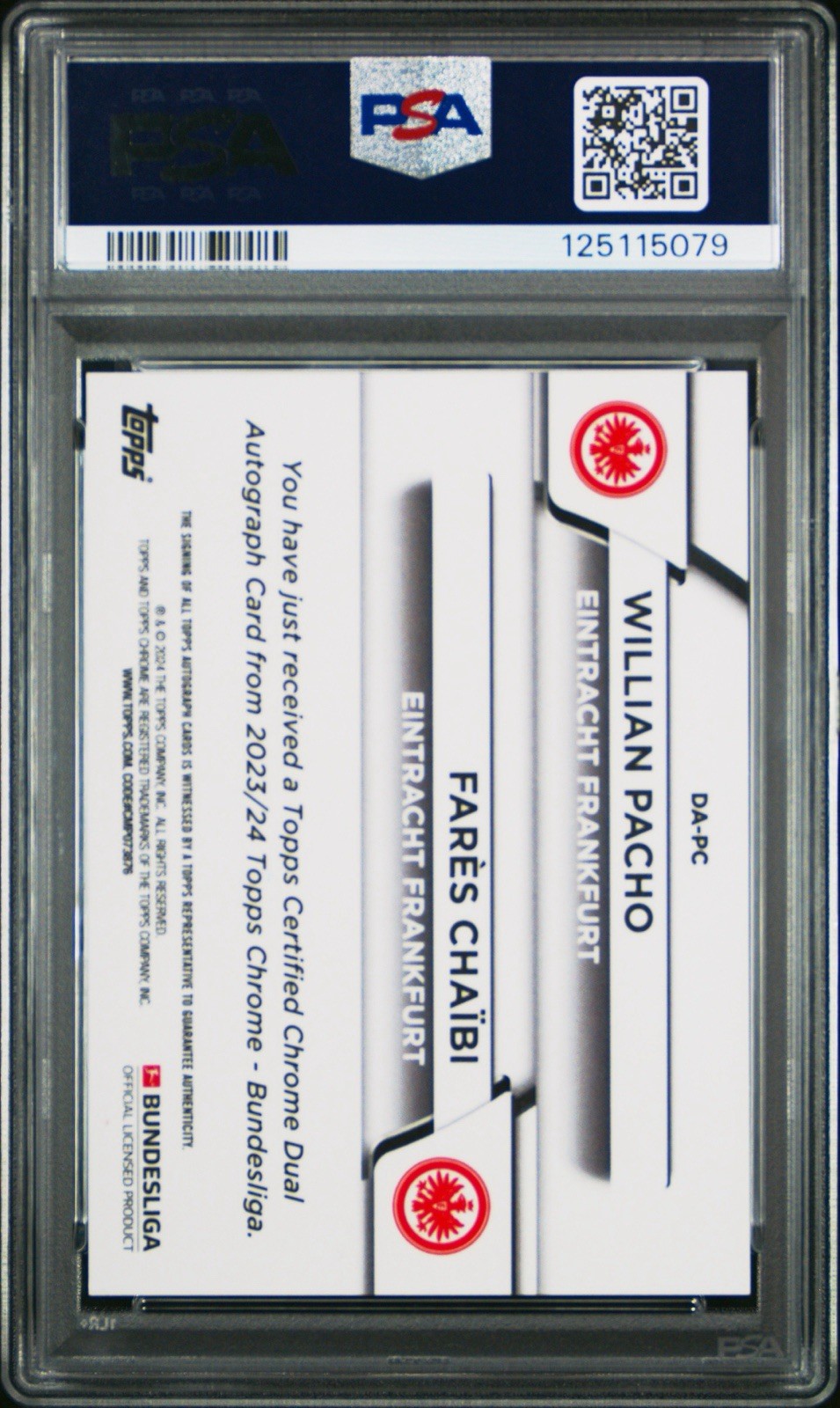 2023-24 Topps Chrome Bundesliga Pacho/Fares Chaibi Dual Auto Orange 15/25 PSA 10 view 2