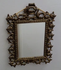 Gold Cast Iron Ornate Baroque Rococo Victorian Hollywood Wall Mirror VTG 17”x13”