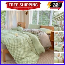 Sage Green Gingham Duvet Cover Set Queen, Grid Simple Geometric Square Patter...