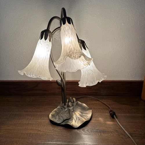 Vintage Tiffany Style Lily Pad Table Lamp 3 Arm White Frosted Glass Tulip Shades