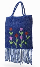 Vtg Floral Blue Design Fringed Bottom Beaded Purse Flower Handbag READ 