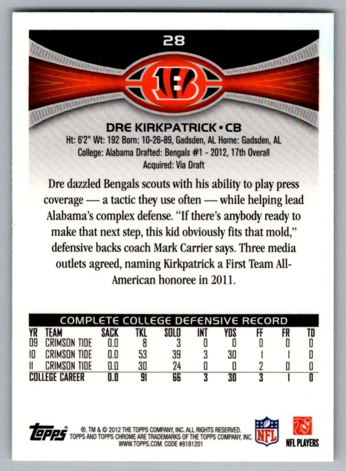 2012 Topps Chrome Dre Kirkpatrick Cincinnati Bengals #28 - Image 2 of 2