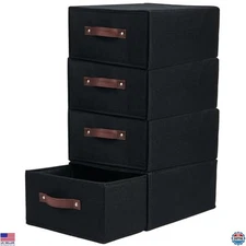 4-Pack Stackable Fabric Storage Bins with Lids – Large Black Organizer Boxes