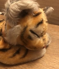 Vintage Mohair Tiger Plush Steiff 1Sleeping Laying W Rattle with Button In Ear