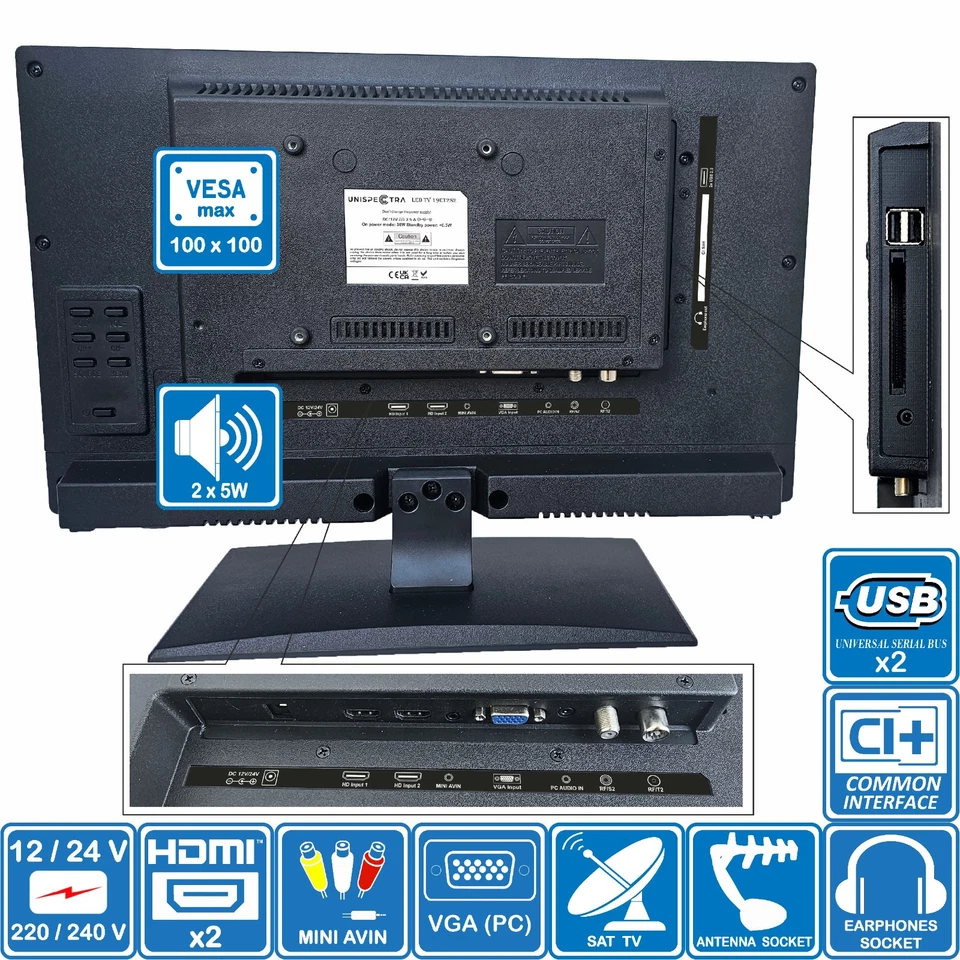 19" TV + Wall Bracket 12V / 240V HD LED MOTORHOME CARAVAN BOAT TRUCK VAN - Image 4 of 4