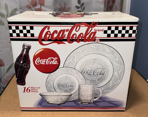 Vintage NIB Collector's Coke / Coca-Cola Glass 16 Pc Piece Plate Bowl Cup Set