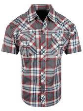 Plaid Western Shirt Short Sleeve Men Button Pleated Pocket Shoulder Tab Slim Fit