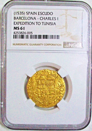 1535 Barcelona Spanish Tresure Gold Cob Escudo (Expedition to Tunisia) NGC MS-61