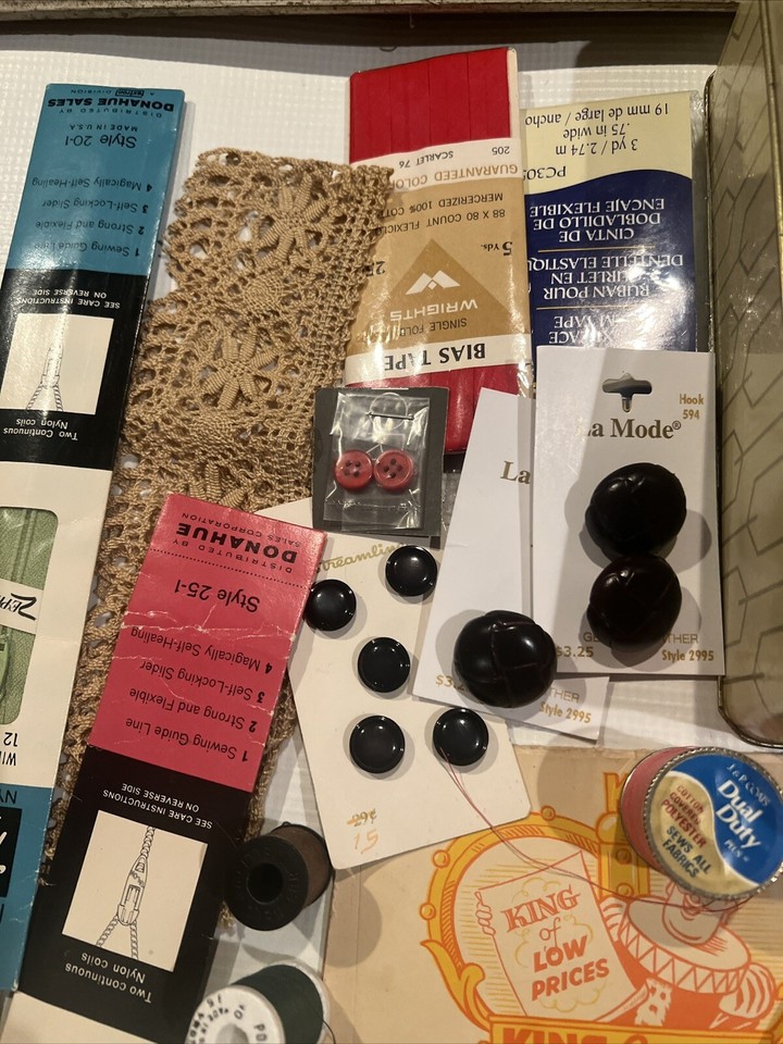 Vintage Lot Buttons Sewing Notions Trim Lace Rick Rack Zippers Thread