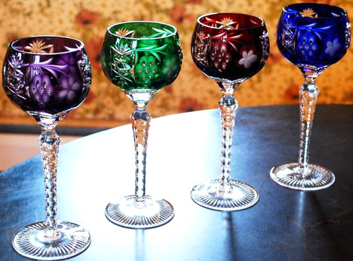 Set 4 MULTI COLORED Hock Wine Goblets Glasses MULTICOLORED CUT GRAPE 8 1/4"