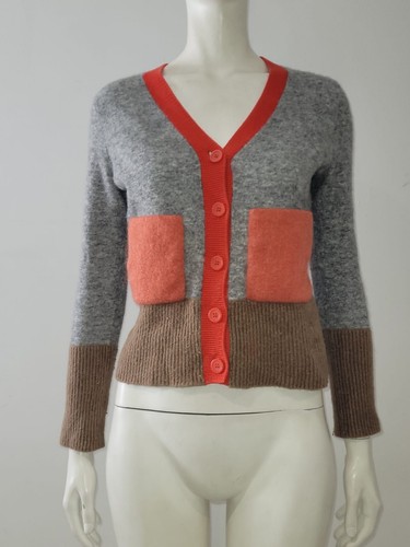 COS (S) Grey Wool Cardigan UK 8 10 EU 36 38 Cropped Patchwork Red Trim Pockets - Picture 8 of 13
