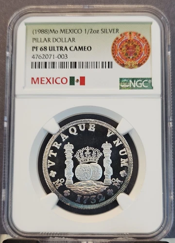 1988 MEXICO SILVER 1/2 ONZA PILLAR DOLLAR NGC PF 68 ULTRA CAMEO VERY SCARCE