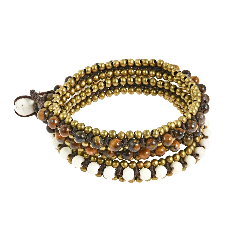 Pulsera Boho Ojo de Tigre Blanco Howlite Triple Envoltura Fusión Cuerda de Algodón Foto 2 de 4