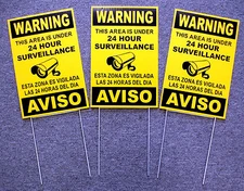 3 Security Video Surveillance Warning 24 Hr Coroplast Signs 8x12 Spanish English