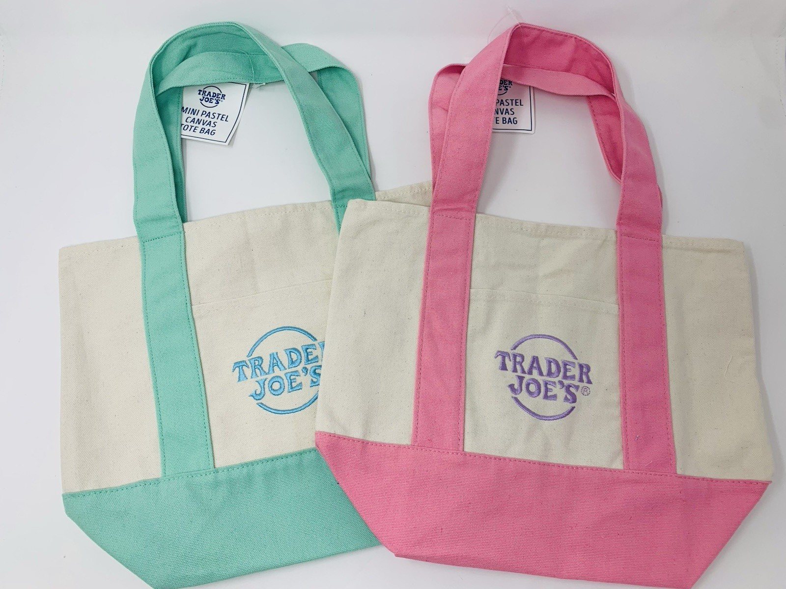 Trader Joe's Mini Pastel Canvas Boat Tote Bags Set of 2 in Mint Green and Pink