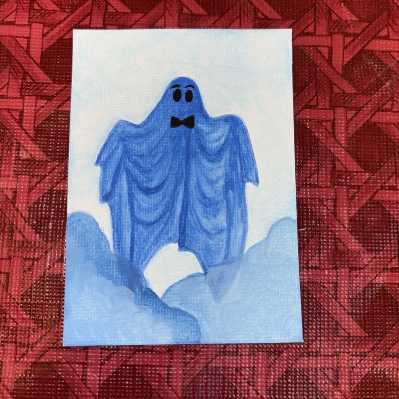 ACEO Original Acrylic Painting Art Card Blue Boy Ghost Halloween with Bow-ATC