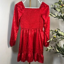 Art class red dress girls smocked flower design holiday valentines size L 10-12