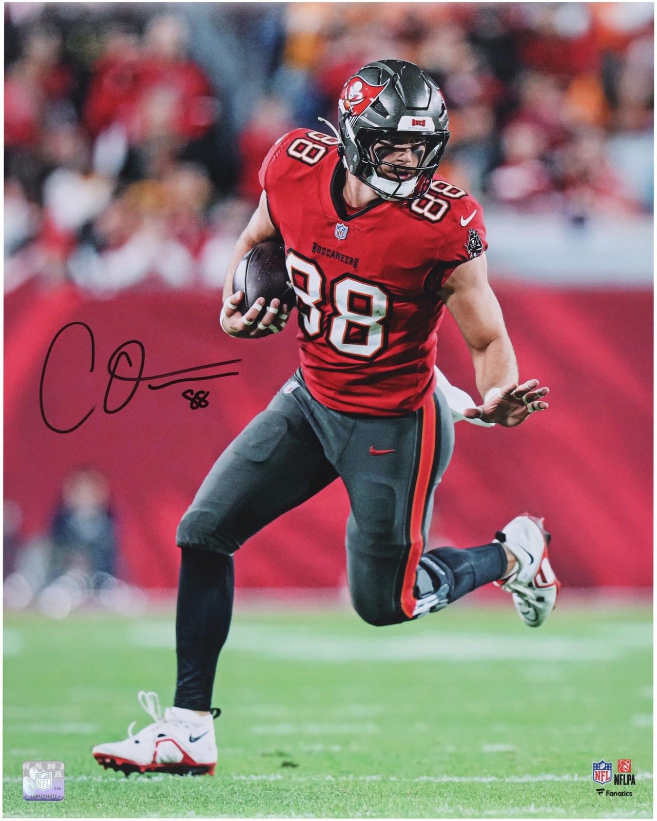 Cade Otton Autographed Signed Tampa Bay Buccaneers 16x20 Red Jersey Running with Ball Photo 