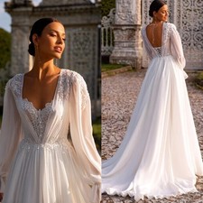 Classic Chiffon Long Sleeve Wedding Dress Beach Beading Lace Up Back Bride Gown