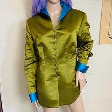 Vintage 90s Pure Silk Olive Green and Cerulean Blue Button Down Jacket Blazer M