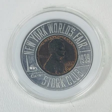 Vtg 1939 New York Worlds Fair Stork Club Encased Coin Cent Token Lincoln Penny