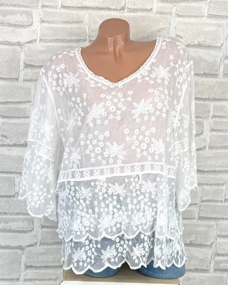 ITALY MODA Italy Leichte Bluse Tunika Shirt Stickerei V-Ausschnitt 42 44 46 Weiß C271