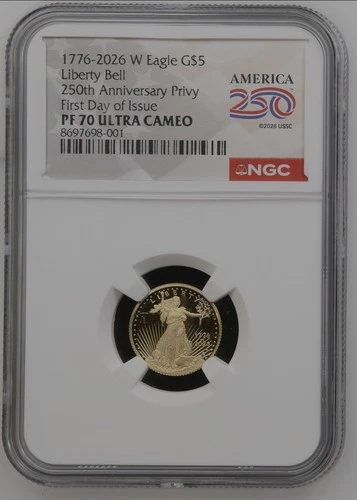 1776-2026 W Proof $5 American Gold Eagle 1/10 oz NGC PF70UC  First Day Bell