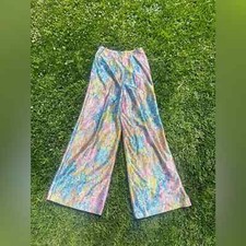 70s Vintage Wide Leg Nylon Pants in Rainbow Oil Slick Fabric