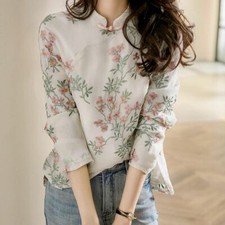 Womens Chinese Style Printing Floral Long Sleeves Cheongsam Shirts Qipao Tops