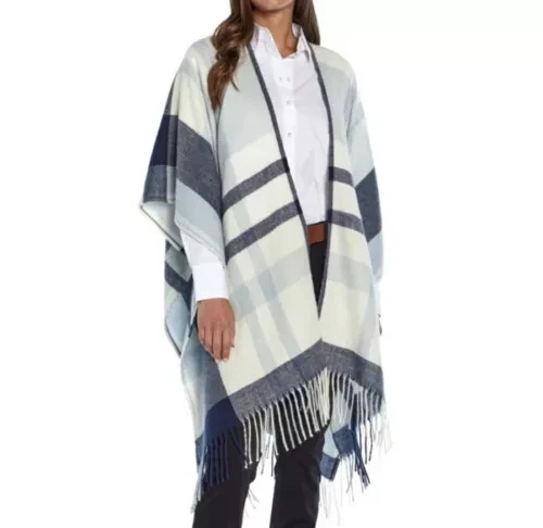 Cashmere Blend Blanket Wrap Women’s Banana Republic Skyler blue Plaid Fringe - Image 2 of 4