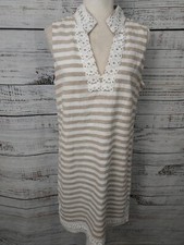 Eliza J Dress Woman Size 12 Striped Linen & Cotton Beige White V-Neck Resort