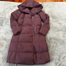 Cole Haan Down Filled Long Puffer Coat Women's SMALL Hooded Burgundy