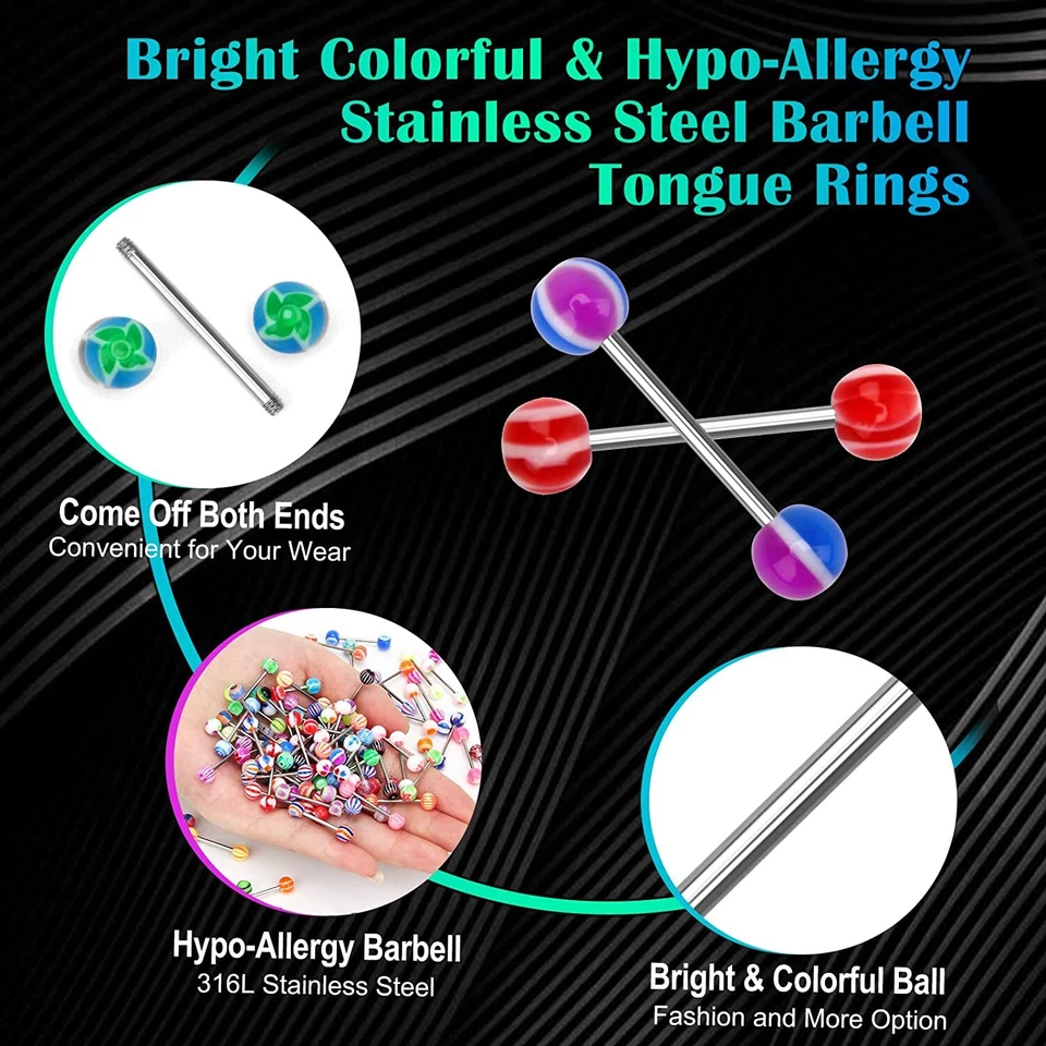 14G Bar Tongue Ring Nipple Ring 50-500Pcs Surgical-Steel Straight Barbell Tongue - Image 2 of 4