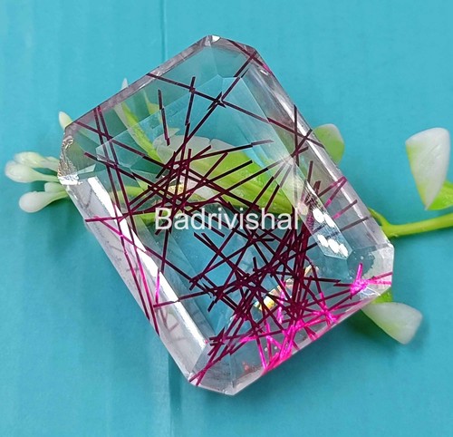 155 Ct Certified Pink Rutilated Quartz Emerald Shape Loose Gemstone 4JUF - Picture 8 of 9