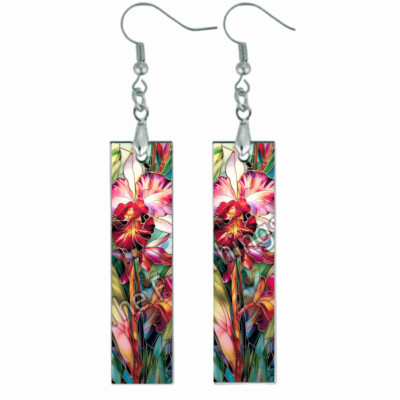 Orchid Flower Blooms Bar Earrings NO TARNISH Wood Dangle Watercolor Art Print