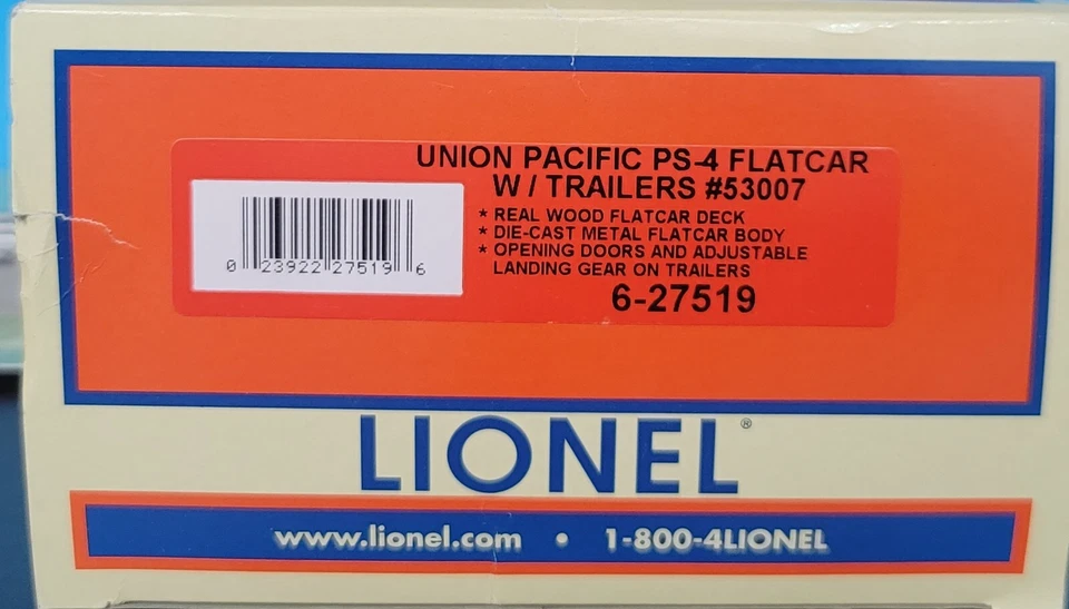 S01: Lionel 6-27519 Union Pacific PS-4 Flatcar w/ Trailers #53007 NEW, Open Box - Image 3 of 3