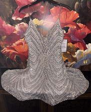 B. Darlin Silver Sequin V-Neck Fit & Flare Strappy Lined Dress Juniors 5/6