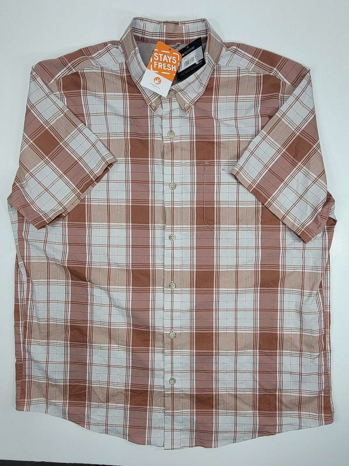 NEW Eddie Bauer Voyager Flex Mens XL Brown Plaid Short Sleeve Button Shirt NWT