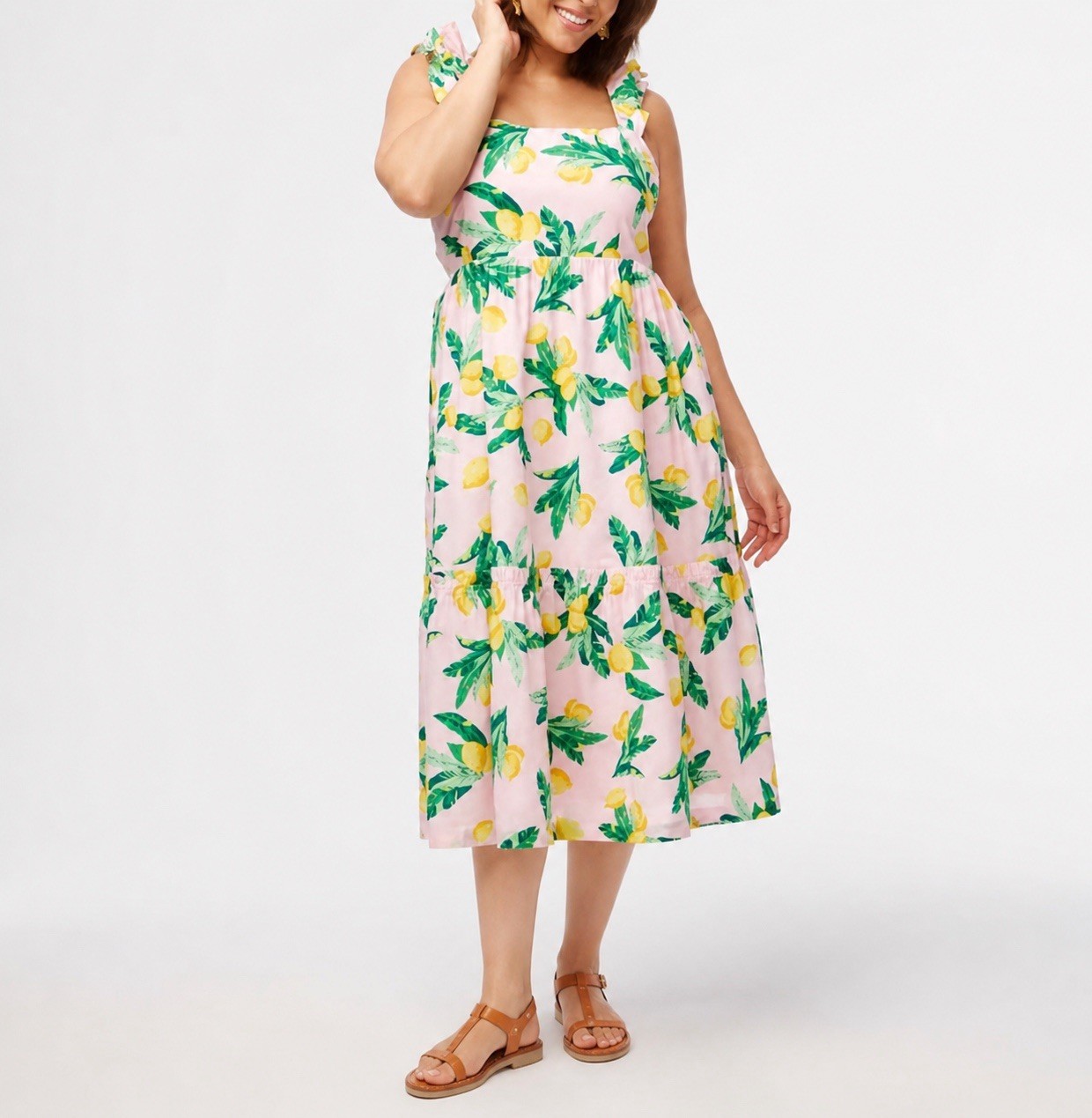 J.Crew Pink Lemon Print Midi Dress Ruffle Strap Smocked Back Size 18 Euro Summer