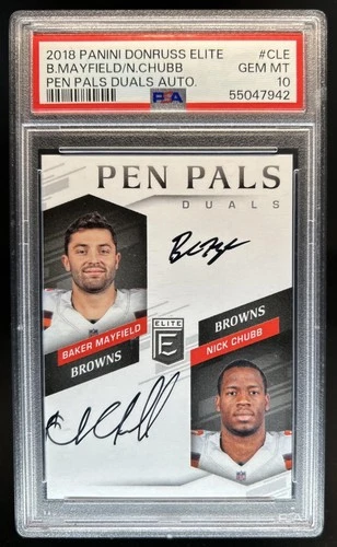 2018 Donruss Elite Baker Mayfield Nick Chubb Pen Pals Duals Auto #PPD-CLE PSA 10