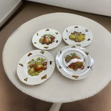 Royal Chelsea Gold Rim Fine Bone China 8" Dessert Plates Set of 4 Fruits & Nuts
