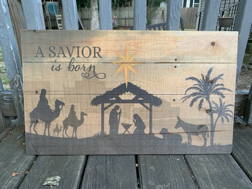 A Savior Is Born Nativity Silhouette Christmas Wood Sign - Picture 2 of 5