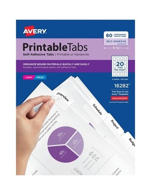 Avery Printable Self-Adhesive Plastic Tabs, 1-3/4'', Repositionable Adhesive, ...